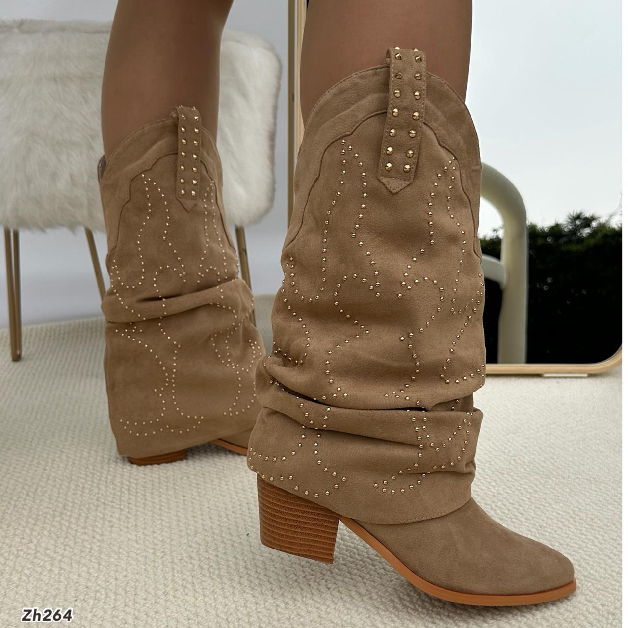Bota texana beige doblez apliques dorado tacon 6cm 255-074